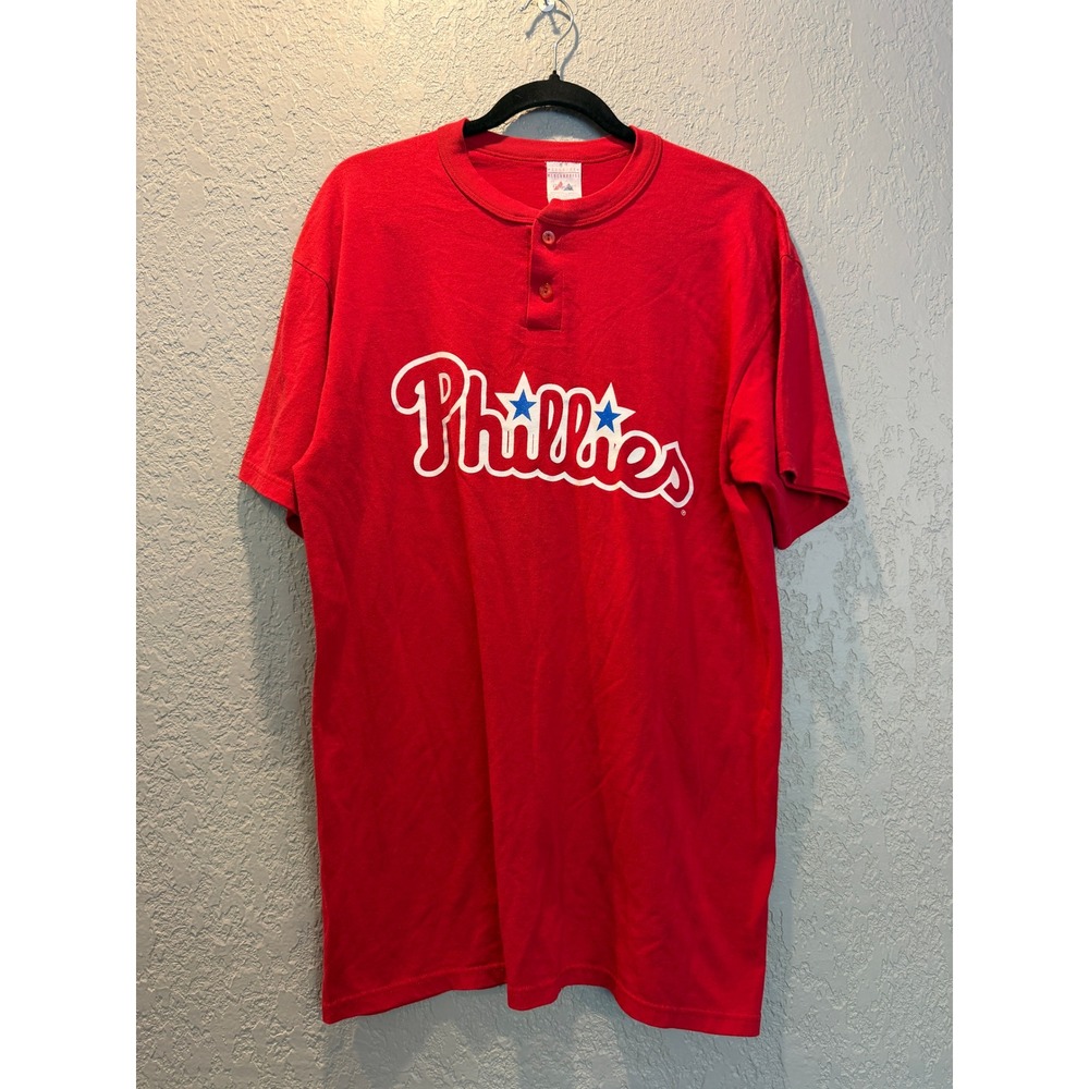 Majestic Philadelphia Phillies Henley Shirt Mens Large Red MLB Vintage 0180